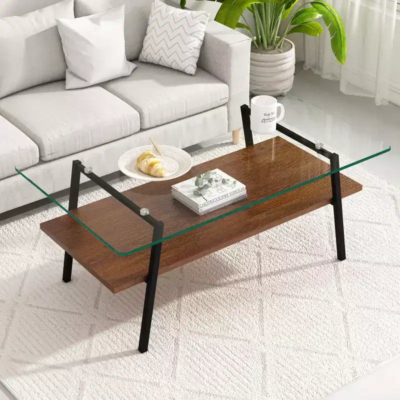 Table basse rectangulaire avec plateau en verre trempé et pieds en métal, table de salon moderne