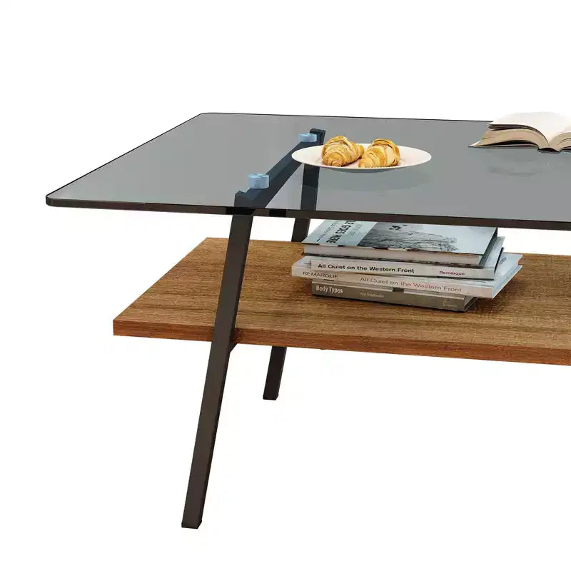 Table basse rectangulaire avec plateau en verre trempé et pieds en métal, table de salon moderne