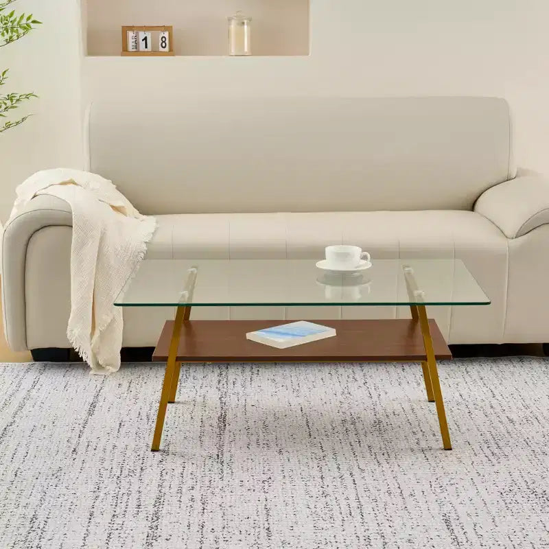 Table basse rectangulaire avec plateau en verre trempé et pieds en métal, table de salon moderne