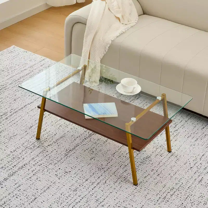 Table basse rectangulaire avec plateau en verre trempé et pieds en métal, table de salon moderne