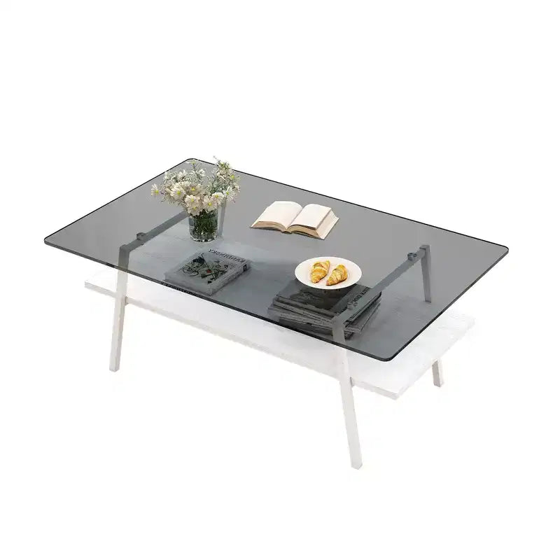 Table basse rectangulaire avec plateau en verre trempé et pieds en métal, table de salon moderne
