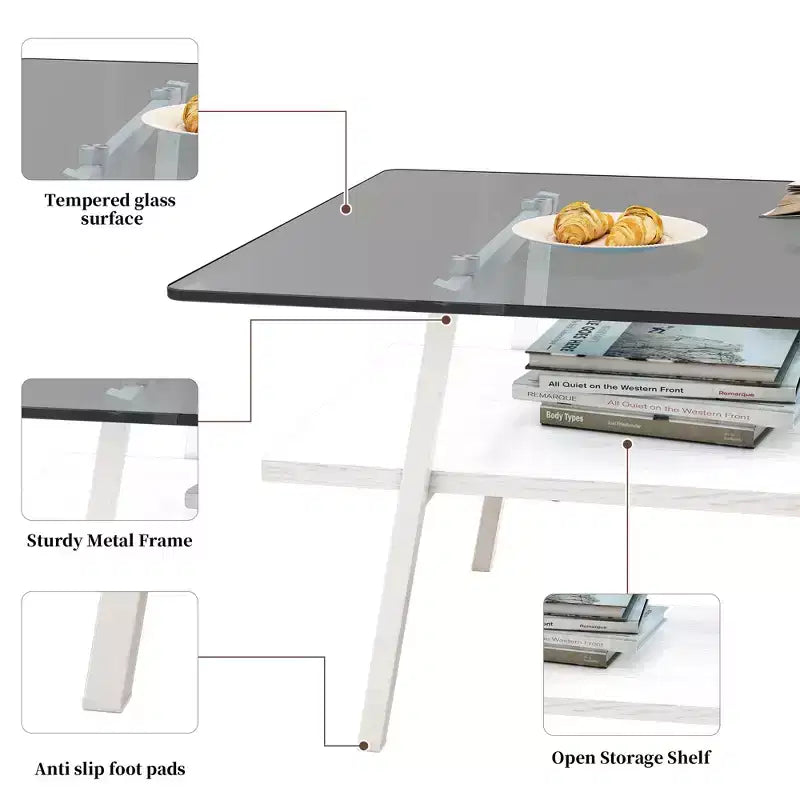 Table basse rectangulaire avec plateau en verre trempé et pieds en métal, table de salon moderne