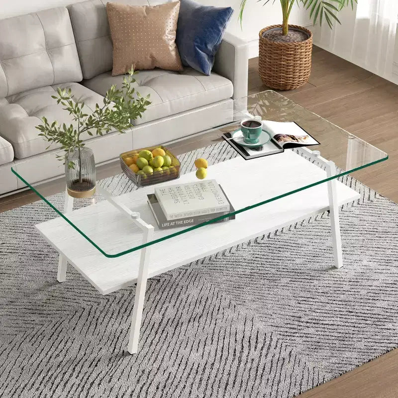 Table basse rectangulaire avec plateau en verre trempé et pieds en métal, table de salon moderne