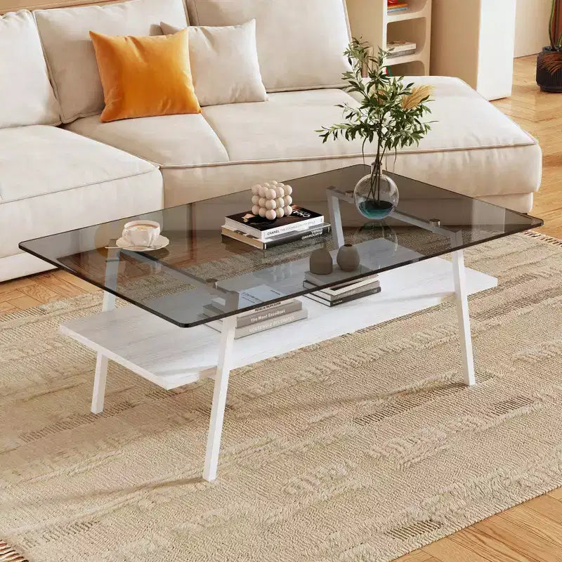 Table basse rectangulaire avec plateau en verre trempé et pieds en métal, table de salon moderne