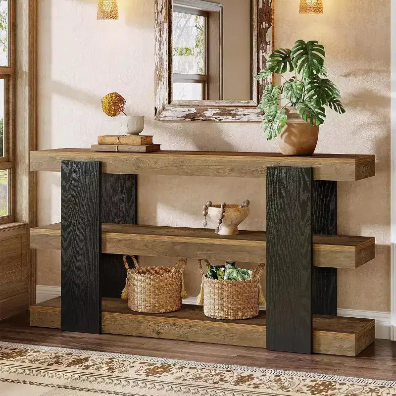 Console Lantine 63, Table d'entrée à 3 niveaux avec rangement, Table de canapé en bois pour l'entrée, le salon, le couloir