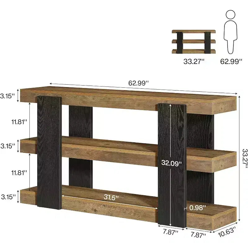 Console Lantine 63, Table d'entrée à 3 niveaux avec rangement, Table de canapé en bois pour l'entrée, le salon, le couloir