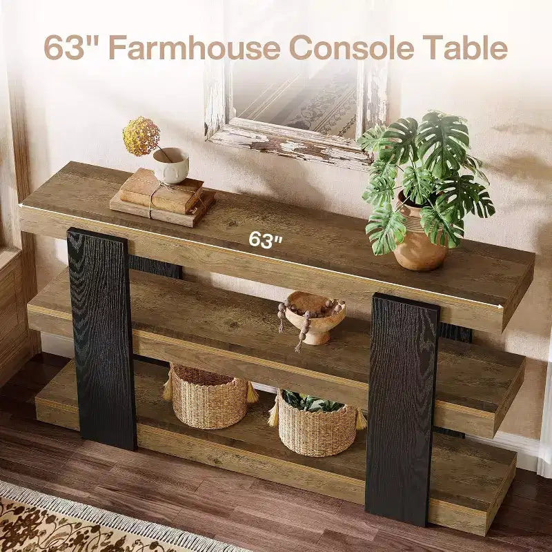 Console Lantine 63, Table d'entrée à 3 niveaux avec rangement, Table de canapé en bois pour l'entrée, le salon, le couloir