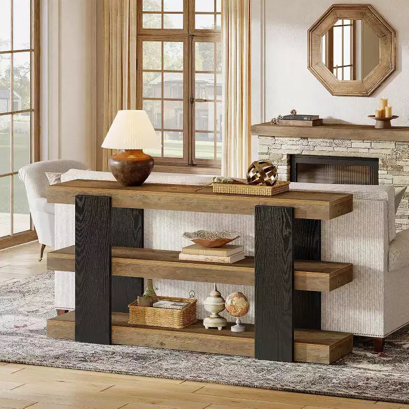 Console Lantine 63, Table d'entrée à 3 niveaux avec rangement, Table de canapé en bois pour l'entrée, le salon, le couloir