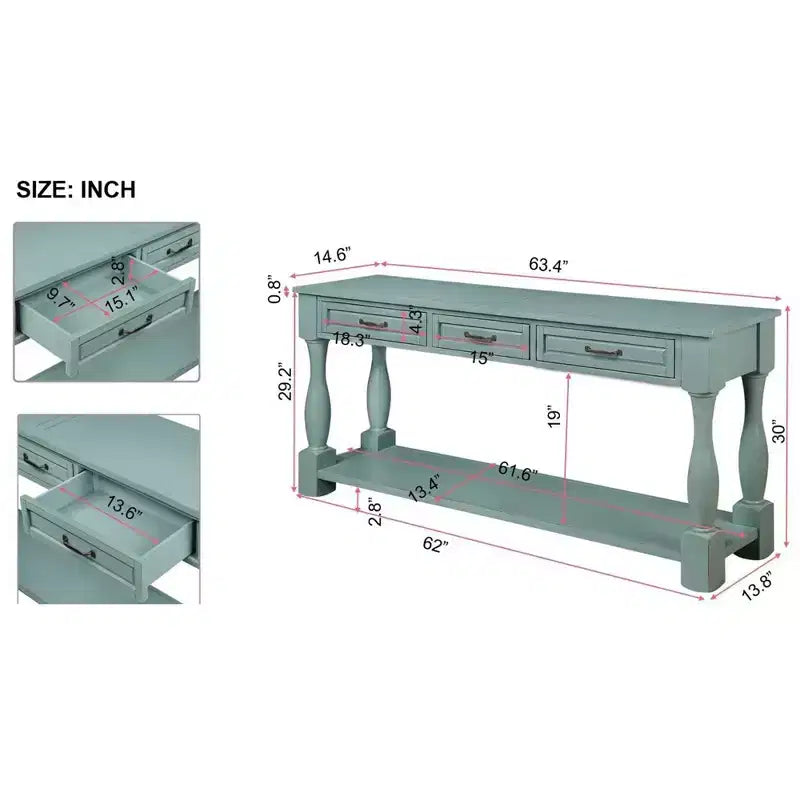 Hostack 63'' (160 cm) Table console longue avec 3 tiroirs et 1 étagère inférieure pour entrée et couloir, bleu rétro