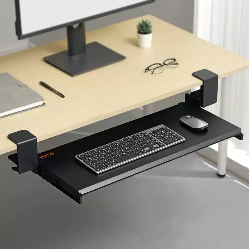 VEVOR Plateau de clavier sous le bureau à pince, Plateau de clavier coulissant avec support robuste à pince C sans perçage, Tiroir d'ordinateur coulissant 68x28 cm, Noir
