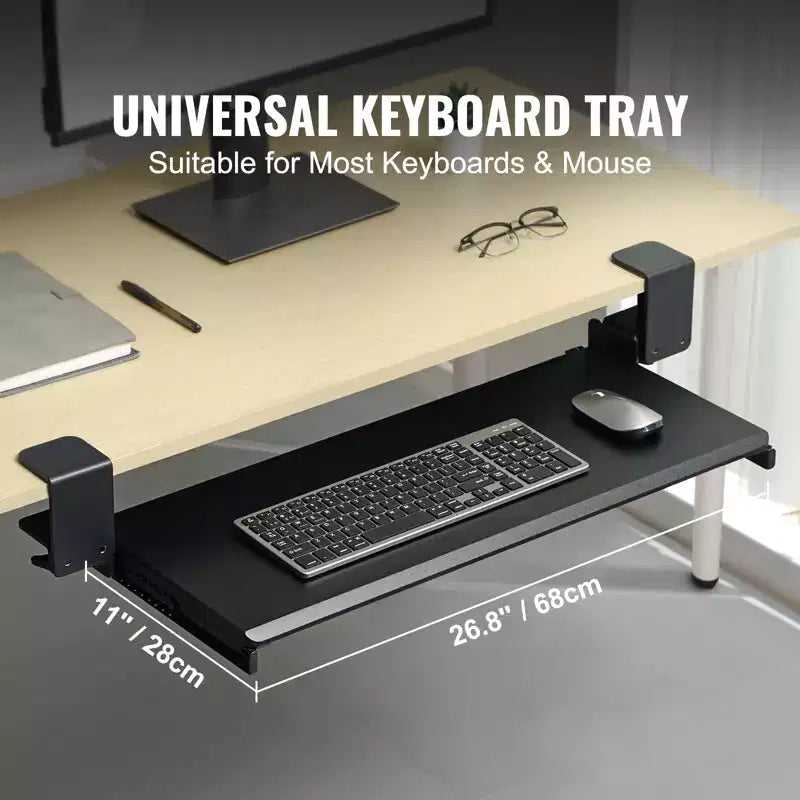 VEVOR Plateau de clavier sous le bureau à pince, Plateau de clavier coulissant avec support robuste à pince C sans perçage, Tiroir d'ordinateur coulissant 68x28 cm, Noir