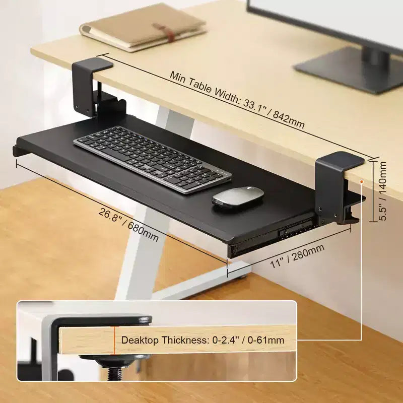 VEVOR Plateau de clavier sous le bureau à pince, Plateau de clavier coulissant avec support robuste à pince C sans perçage, Tiroir d'ordinateur coulissant 68x28 cm, Noir