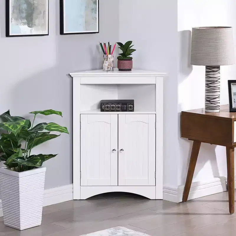 Meuble d'angle Okak, meuble d'angle autoportant avec 2 portes et 3 étagères, meuble autoportant pour cuisine, salon