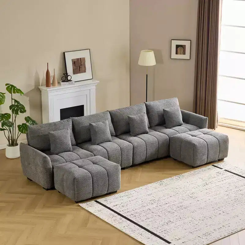 Karl Home | Canapé d'angle américain touffeté en bouclé vert avec accoudoir rond, 355,6 cm de large, avec pouf
