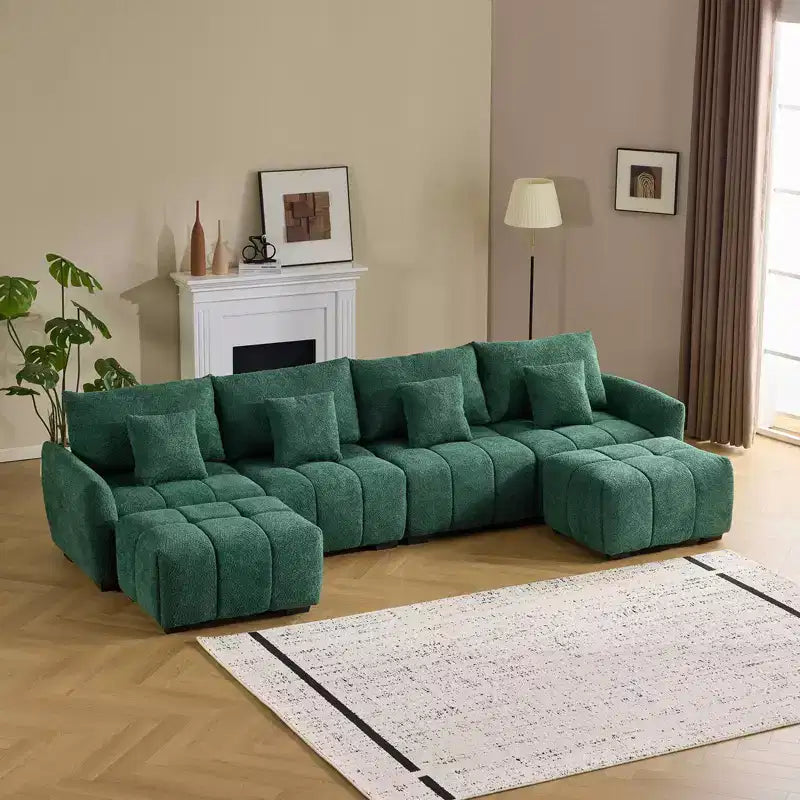 Karl Home | Canapé d'angle américain touffeté en bouclé vert avec accoudoir rond, 355,6 cm de large, avec pouf