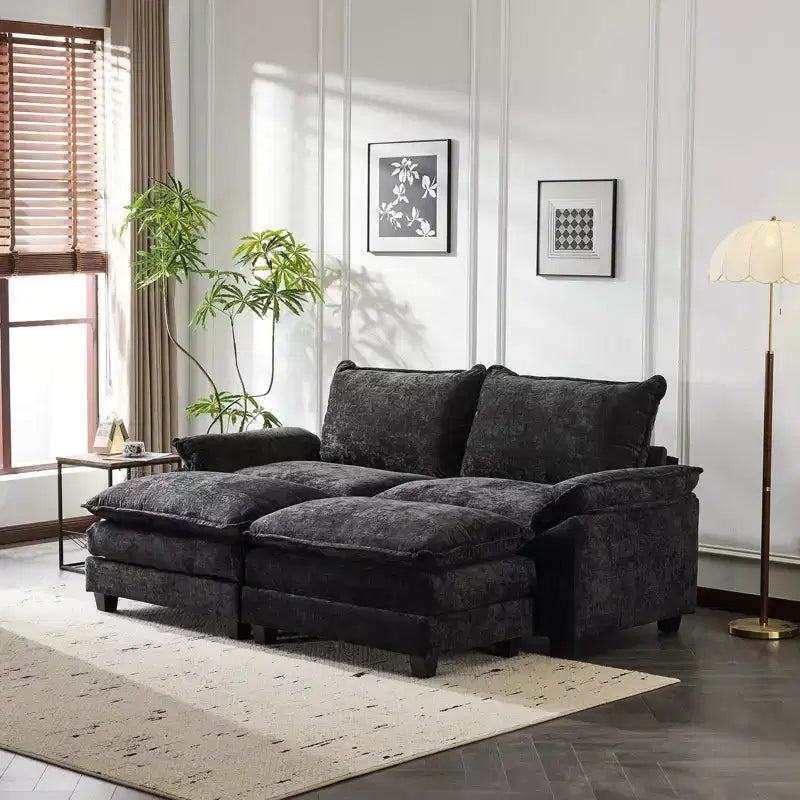 Canapé en chenille bleu Karl Home | 85,4 po L avec accoudoirs, coussin double-couche surpiqué et pouf
