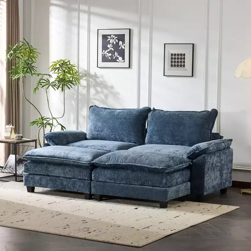 Canapé en chenille bleu Karl Home | 85,4 po L avec accoudoirs, coussin double-couche surpiqué et pouf