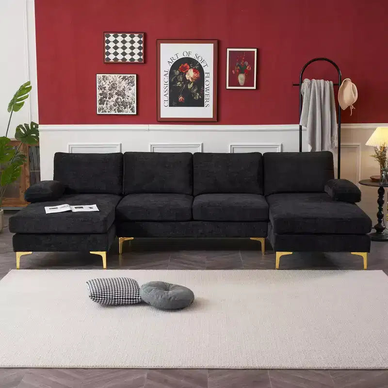 Karl Home | Canapé d'angle en U 3 places en chenille avec accoudoirs à plateau-coussin, 279,4 cm de large, beige