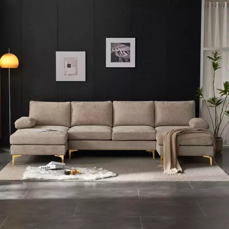Karl Home | Canapé d'angle en U 3 places en chenille avec accoudoirs à plateau-coussin, 279,4 cm de large, beige