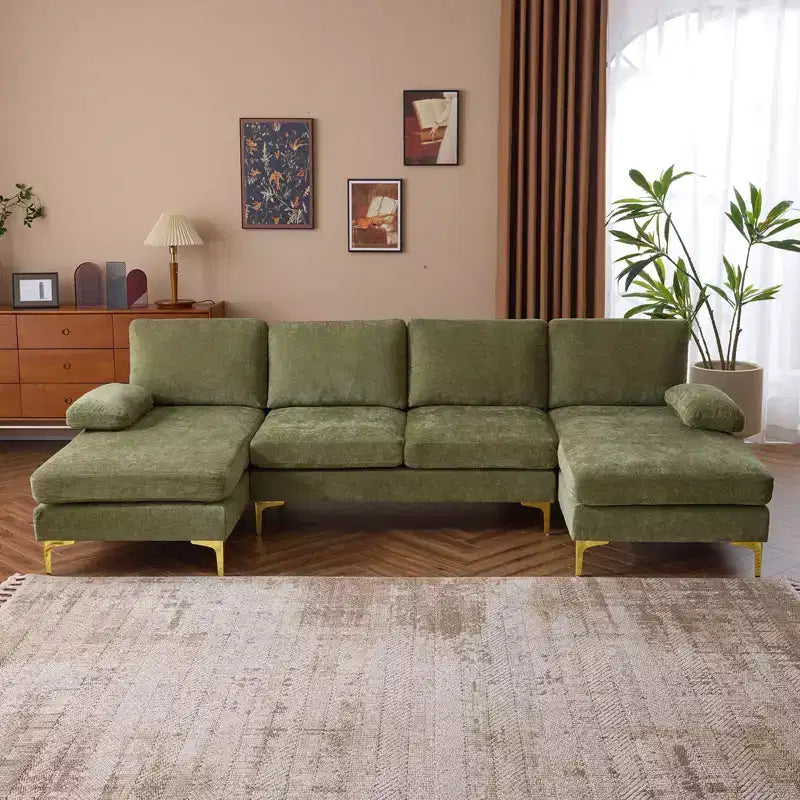 Karl Home | Canapé d'angle en U 3 places en chenille avec accoudoirs à plateau-coussin, 279,4 cm de large, beige