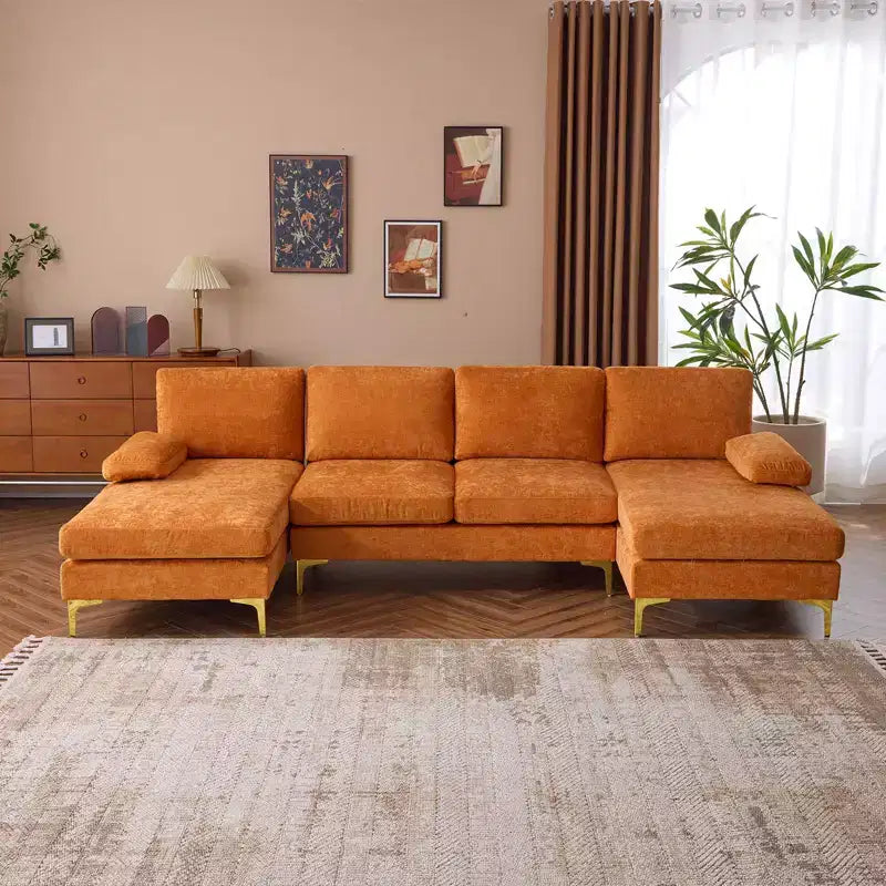 Karl Home | Canapé d'angle en U 3 places en chenille avec accoudoirs à plateau-coussin, 279,4 cm de large, beige
