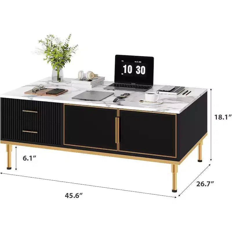 Table basse rectangulaire effet marbre, Table basse cannelée en bois avec tiroirs et pieds en métal, Table basse moderne pour salon, chambre à coucher