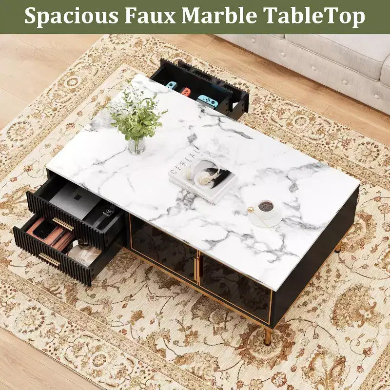 Table basse rectangulaire effet marbre, Table basse cannelée en bois avec tiroirs et pieds en métal, Table basse moderne pour salon, chambre à coucher