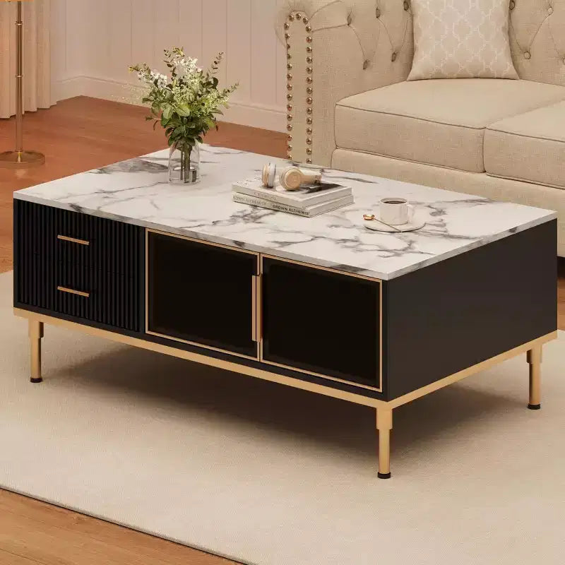 Table basse rectangulaire effet marbre, Table basse cannelée en bois avec tiroirs et pieds en métal, Table basse moderne pour salon, chambre à coucher