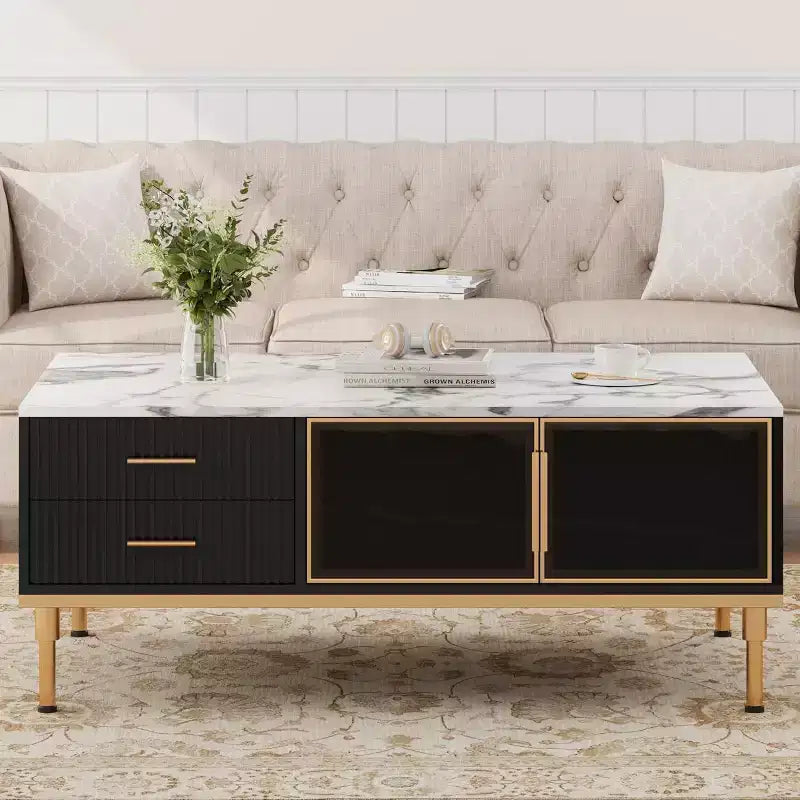 Table basse rectangulaire effet marbre, Table basse cannelée en bois avec tiroirs et pieds en métal, Table basse moderne pour salon, chambre à coucher