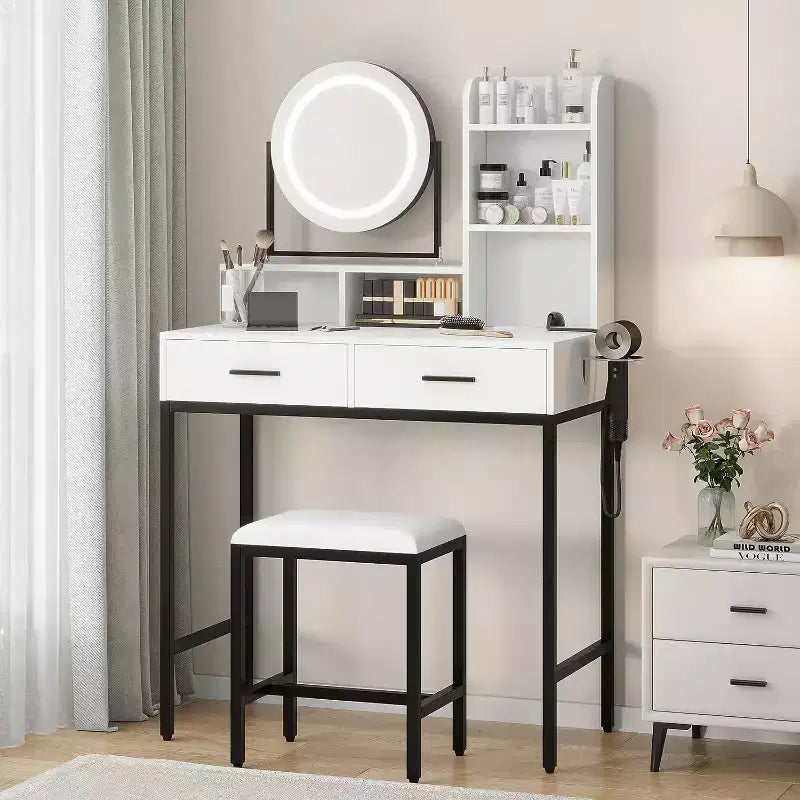 Dressing Vanity Table with Adjustable Rotating Mirror, Storage Shelves, 2 Drawers and Matching Stool