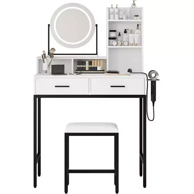 Table de toilette coiffeuse avec miroir rotatif réglable, étagères de rangement, 2 tiroirs et tabouret assorti