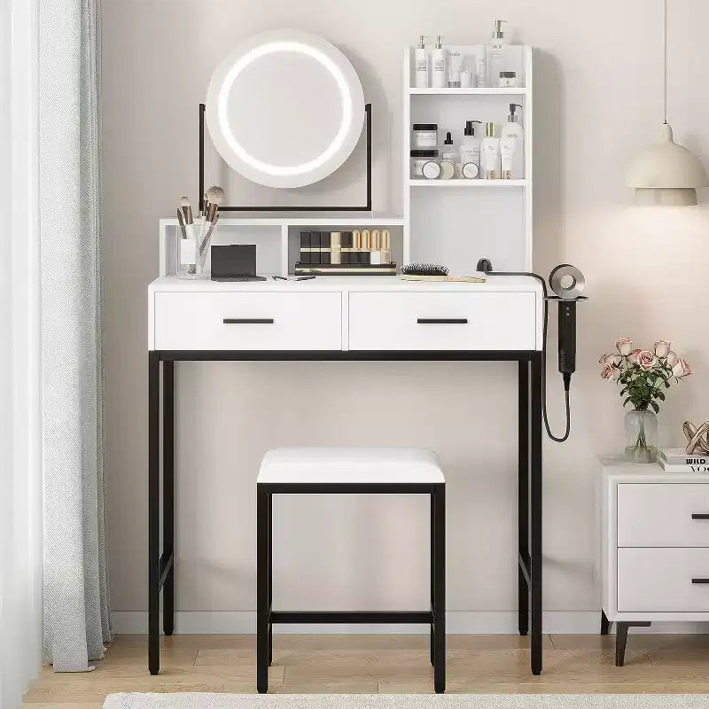 Table de toilette coiffeuse avec miroir rotatif réglable, étagères de rangement, 2 tiroirs et tabouret assorti