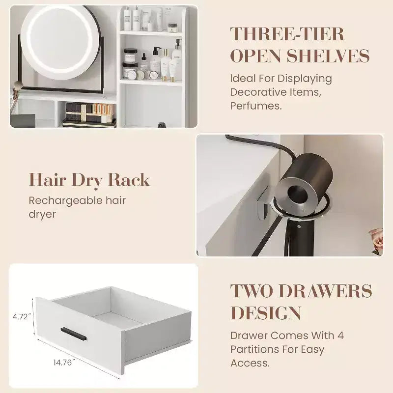 Table de toilette coiffeuse avec miroir rotatif réglable, étagères de rangement, 2 tiroirs et tabouret assorti