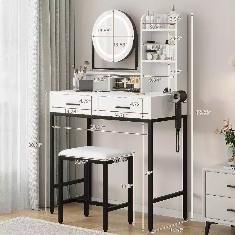 Table de toilette coiffeuse avec miroir rotatif réglable, étagères de rangement, 2 tiroirs et tabouret assorti