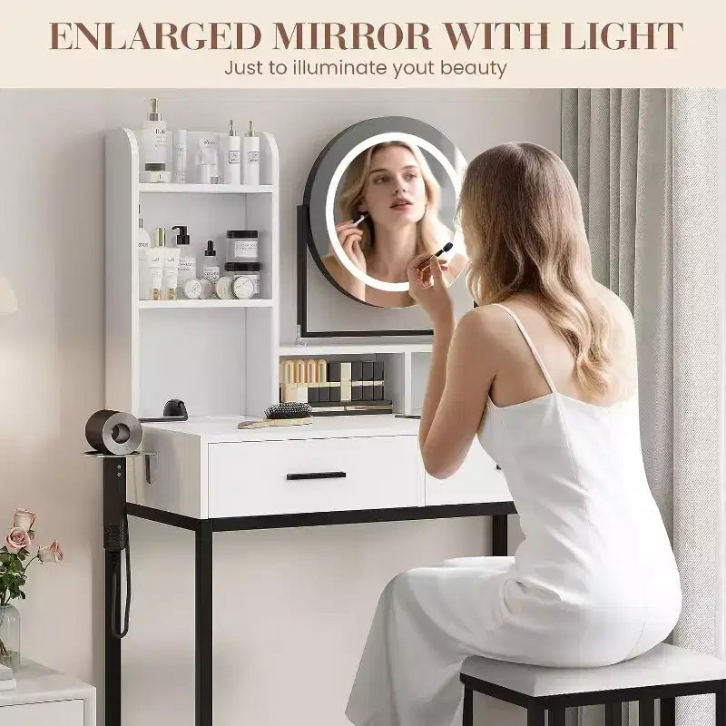 Table de toilette coiffeuse avec miroir rotatif réglable, étagères de rangement, 2 tiroirs et tabouret assorti