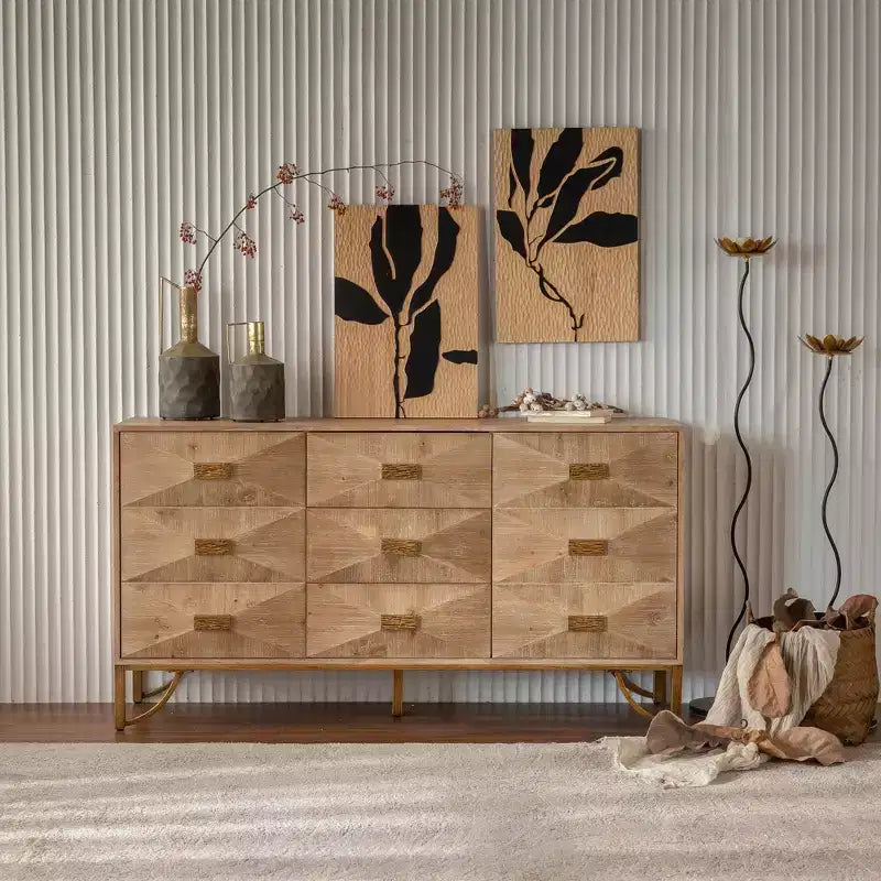 CLIHOME Commode moderne à 9 tiroirs, chiffonnier en bois clair, meuble TV pour chambre à coucher, salon, couloir