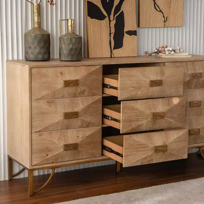 CLIHOME Commode moderne à 9 tiroirs, chiffonnier en bois clair, meuble TV pour chambre à coucher, salon, couloir