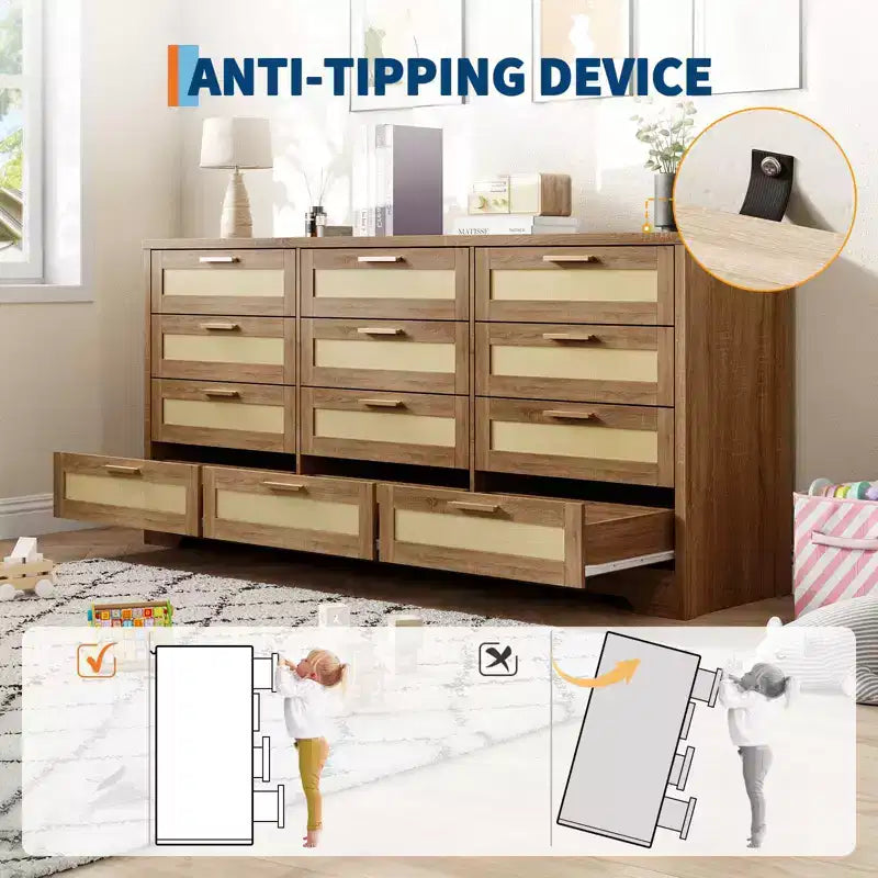 Commode à 12 tiroirs pour chambre à coucher, commode moderne en rotin, meuble de rangement en bois avec tiroirs et poignées en rotin, pour chambre de bébé, entrée