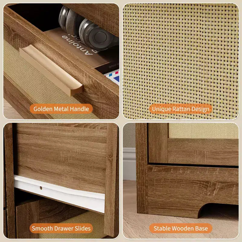 Commode à 12 tiroirs pour chambre à coucher, commode moderne en rotin, meuble de rangement en bois avec tiroirs et poignées en rotin, pour chambre de bébé, entrée
