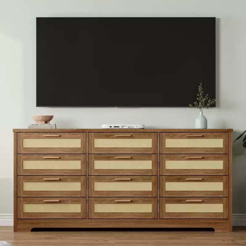 Commode à 12 tiroirs pour chambre à coucher, commode moderne en rotin, meuble de rangement en bois avec tiroirs et poignées en rotin, pour chambre de bébé, entrée
