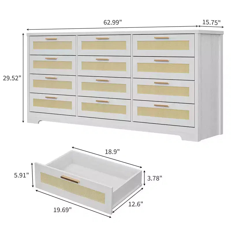 Commode à 12 tiroirs pour chambre à coucher, commode moderne en rotin, meuble de rangement en bois avec tiroirs et poignées en rotin, pour chambre de bébé, entrée