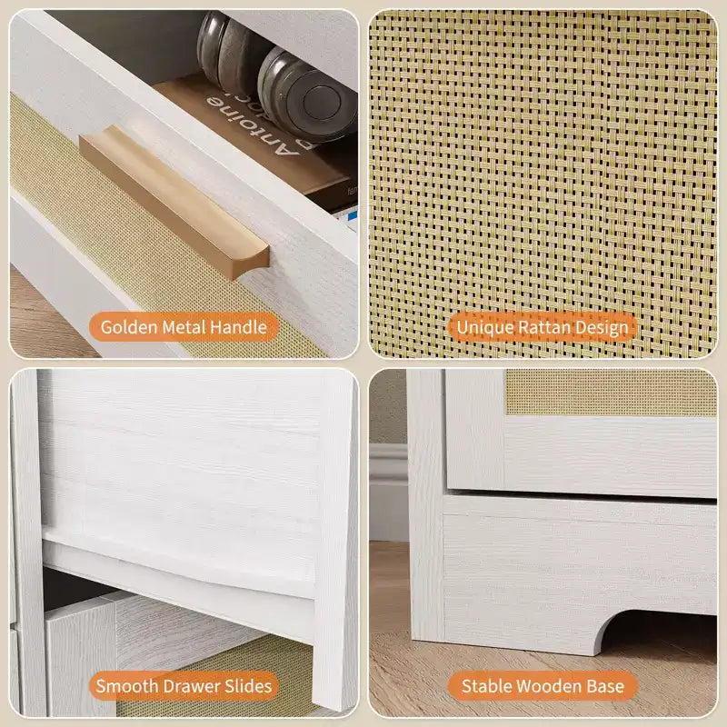 Commode à 12 tiroirs pour chambre à coucher, commode moderne en rotin, meuble de rangement en bois avec tiroirs et poignées en rotin, pour chambre de bébé, entrée