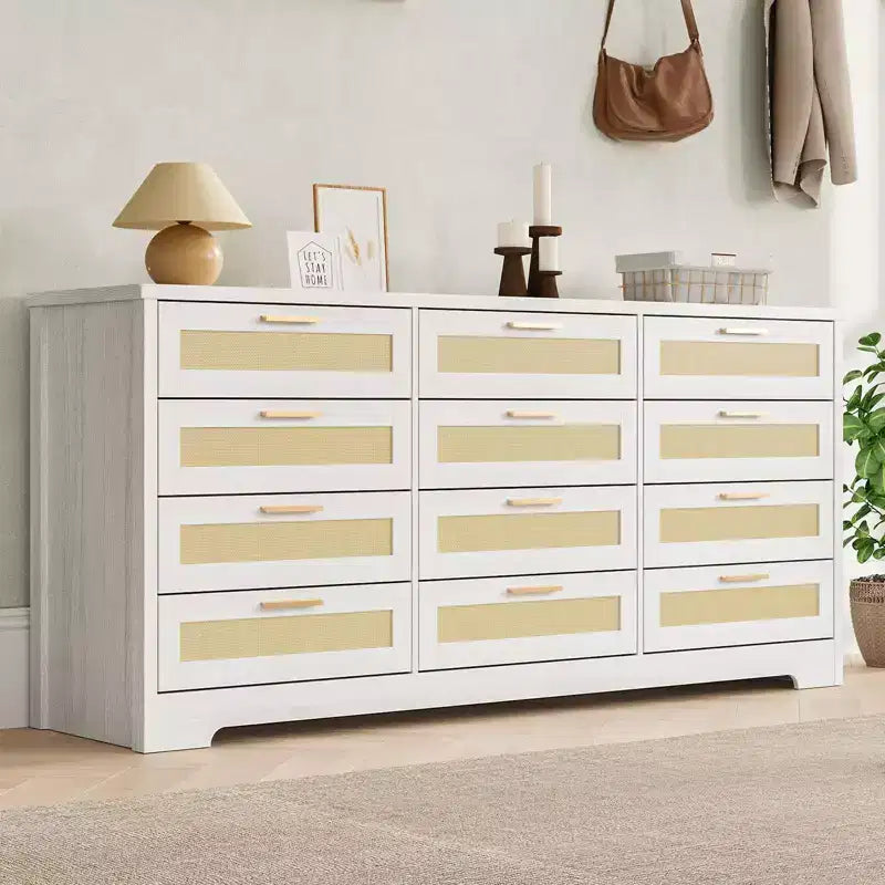 Commode à 12 tiroirs pour chambre à coucher, commode moderne en rotin, meuble de rangement en bois avec tiroirs et poignées en rotin, pour chambre de bébé, entrée