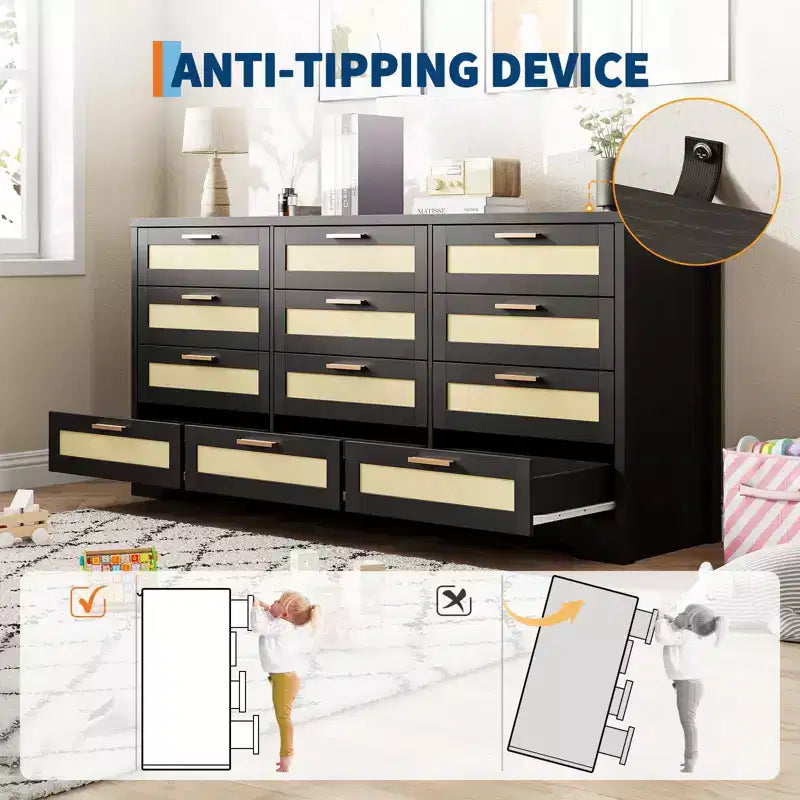 Commode à 12 tiroirs pour chambre à coucher, commode moderne en rotin, meuble de rangement en bois avec tiroirs et poignées en rotin, pour chambre de bébé, entrée