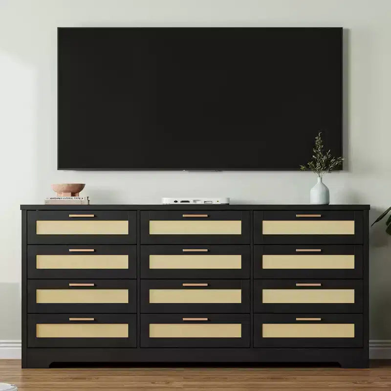Commode à 12 tiroirs pour chambre à coucher, commode moderne en rotin, meuble de rangement en bois avec tiroirs et poignées en rotin, pour chambre de bébé, entrée