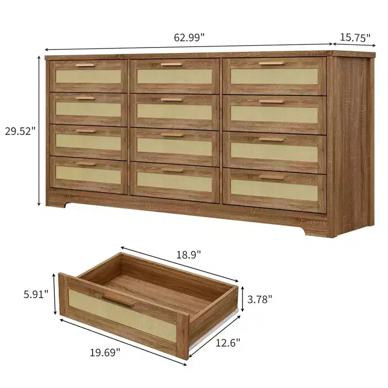 Commode à 12 tiroirs pour chambre à coucher, commode moderne en rotin, meuble de rangement en bois avec tiroirs et poignées en rotin, pour chambre de bébé, entrée