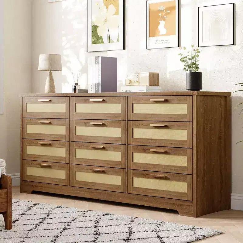 Commode à 12 tiroirs pour chambre à coucher, commode moderne en rotin, meuble de rangement en bois avec tiroirs et poignées en rotin, pour chambre de bébé, entrée