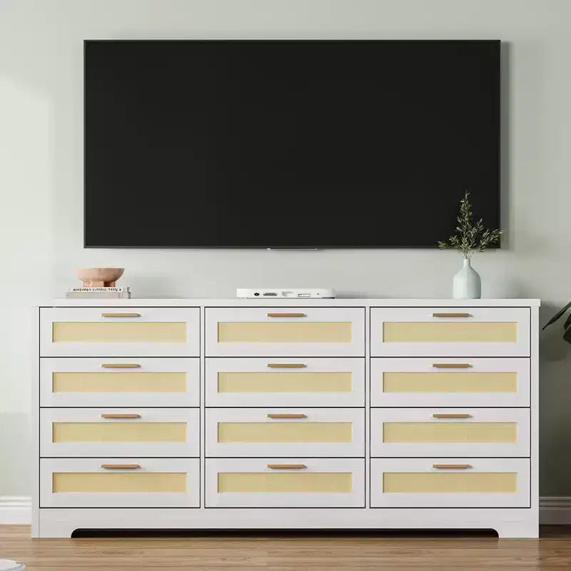 Commode à 12 tiroirs pour chambre à coucher, commode moderne en rotin, meuble de rangement en bois avec tiroirs et poignées en rotin, pour chambre de bébé, entrée