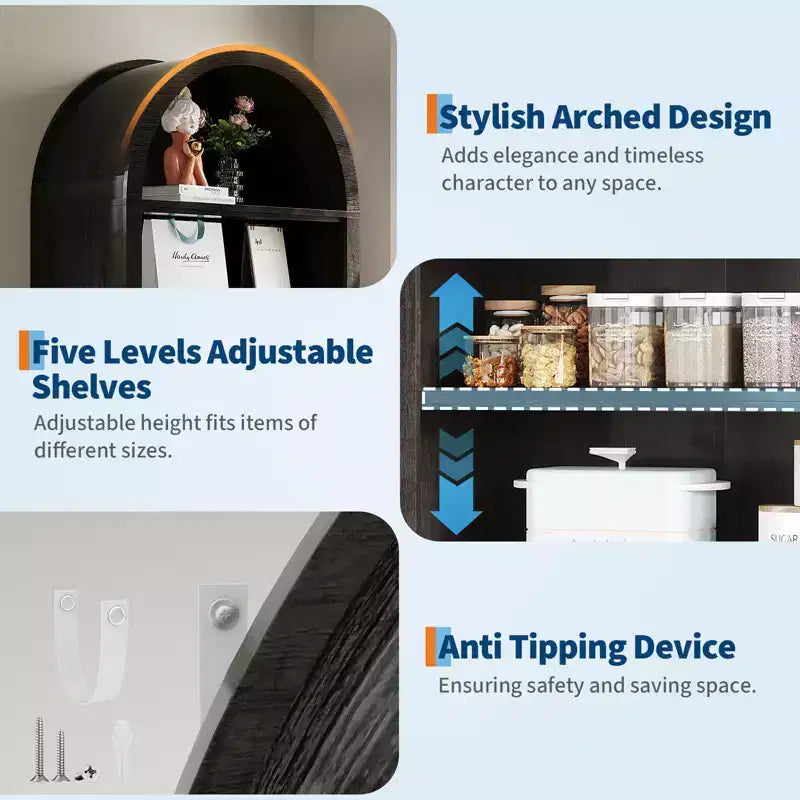 CuisinSmart Vitrine de style rustique à 7 niveaux avec étagères réglables, Bibliothèque haute autoportante à arche pour garde-manger de cuisine ou salon