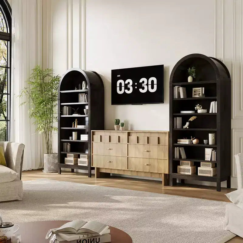 CuisinSmart Vitrine de style rustique à 7 niveaux avec étagères réglables, Bibliothèque haute autoportante à arche pour garde-manger de cuisine ou salon